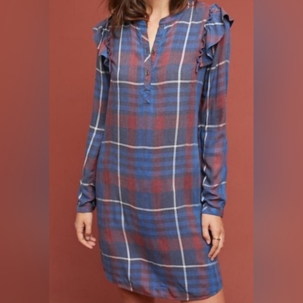 Cloth & Stone Blue and Red Plaid Long Sleeve Dress